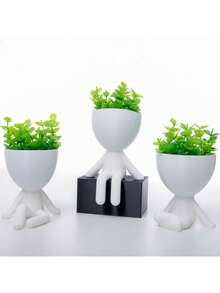 Set Of 3 Mini Vases With Artificial Bob Robert Flowers For Decoration, Mini Plastic Vase Size 6 Cm - 白色 - 查看 1