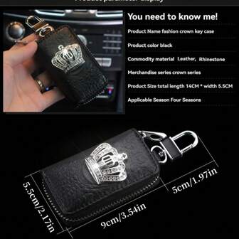 1 pieza Estuche de llave de coche de lujo con corona de rhinestone y patrón de cocodrilo, estuche de llave de cuero sintético con cremallera unisex, decoración de corona de cristal brillante, bolsa de llave compacta para hombres y mujeres, accesorios de decoración interior premium para automóviles