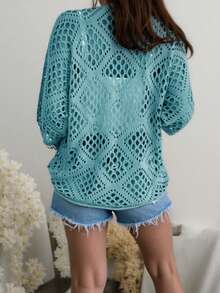 Plus Size Summer Vacation Hollow Out Loose Knit Pullover - Blue - View 2