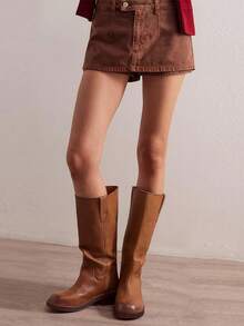 Women's Pull On Vintage Campus-Inspired Cowboy Boots Squared Toe Western Knee High Boots Fashionable Stacked Low Heels Booties - 棕色 - 查看 6