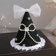 1 Set Handmade Black Elegant Birthday Hat With Pearl, Rose, Bow Lace Trim, Party Costume Photo Prop For Adults - Black - View 11