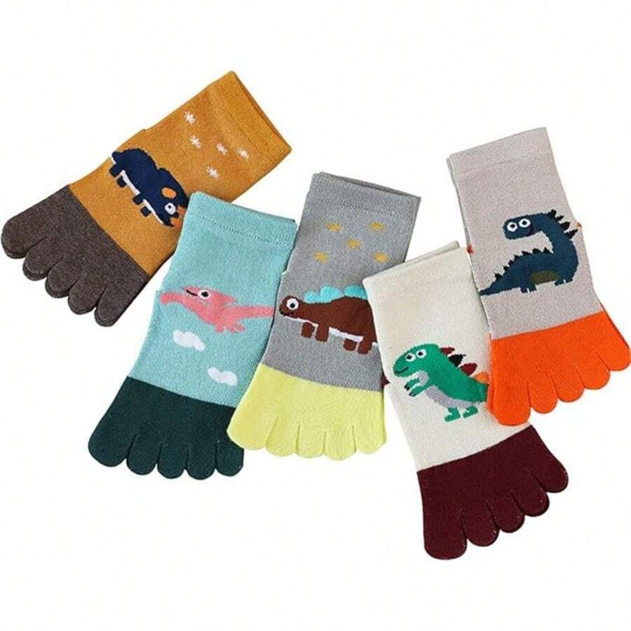 5 Pairs Of Children's Toe Socks For Baby Girls And Boys, Five Finger Cotton Socks, Cartoon Animal Pattern Socks, Breathable Warm Crew Socks For Ages 1-10 - 彩色 - 查看 1
