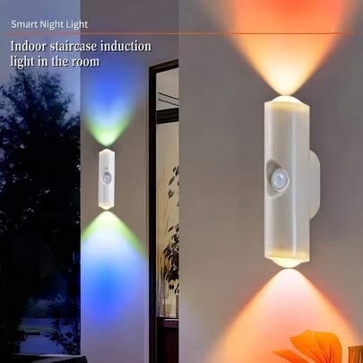 1个壁挂式人体感应灯，LED智能灯，上下照明山形感应灯，USB充电，可调光，卧室夜灯，室内客厅氛围灯，多色可选，适合节日派对装饰、客厅、走廊、楼梯照明，圣诞礼物