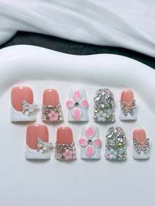 10pcs Y2K Handmade Duckbill Nude & White French Press On Nails, French Tip, Metal Diamond Bow, 3D Pinching Flower, Full Diamond Coverage, Nail Supplies, Homemade Nails, DIY Press On Nails, Nail Art, Acrylic False Nails; Suitable For Party, Daily Wear, Wedding; Great Gift For Women & Girls; Includes 1Sheet Jelly Glue & 1pc Mini File - White - View 2