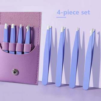 4pcs Eyebrow Tweezers Set - Professional Stainless Steel Hair Removal And Trimming Tools, With Storage Pouch, Includes Slanted Tip Tweezers For Makeup And Eyelash Extension - Grip Stickers, False Lashes - Beauty Tools, Eye Tools, Hair Removal Tools - Ideal Gift, Suitable For Travel And Home Use.