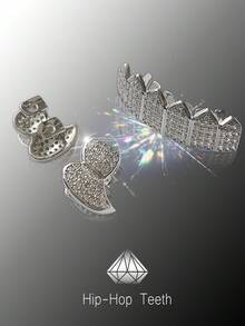 1 Set/Coppia di Griglie per Denti Incastonate di Strass, Gioielli per Denti in Metallo Lucido Stile Hip Hop, Accessorio di Moda per Feste e Festival Musicali, Unisex - Argento - Visualizzare 2