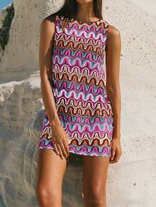 Lace Hollow Out Embroidered Sheer Fabric Mini Dress, Playful & Vibrant Sleeveless Dress, New Elegant Country Chic Vacation Boho Graduation Dress, Spring/Summer - Pink - View 1