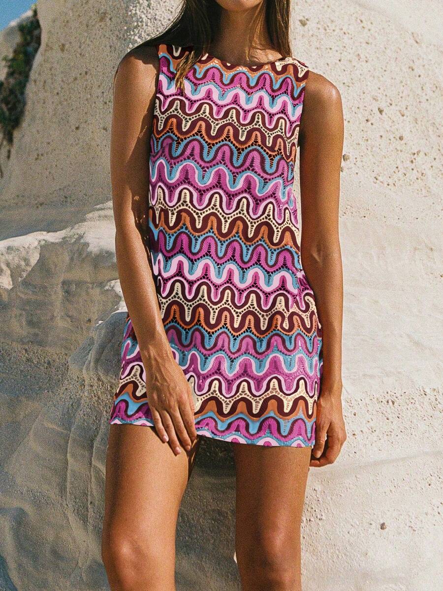 Lace Hollow Out Embroidered Sheer Fabric Mini Dress, Playful & Vibrant Sleeveless Dress, New Elegant Country Chic Vacation Boho Graduation Dress, Spring/Summer - Pink - View 1