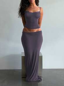 Plus Size Women 2-Piece Set, Casual & Loungewear, Soft Stretchy Knit Fabric, Lace Trim Camisole Top & Floor-Length Skirt, Cozy Christmas Vibe, Valentine's Date Night Outfit - Rusty Rose - View 1