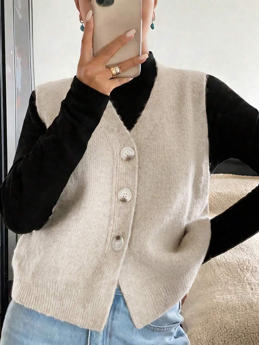 Women's Casual Solid Color V-Neck Long Sleeve Button-Up Knit Vest, Suitable For Spring And Autumn Outfits - Khaki - View 1