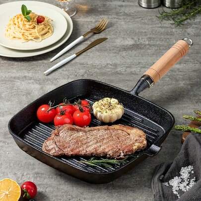 1 Cast Iron Steak Frying Pan, Thick Wooden Handle, Non Stick Stripe Design, Suitable For Frying Meat And Making Pancakes, Multifunctional And Durable Kitchen Utensils, Suitable For Gas Stoves, Suitable For Home Kitchens And Outdoor Camping Use.(Canada Does Not Support Shipping)