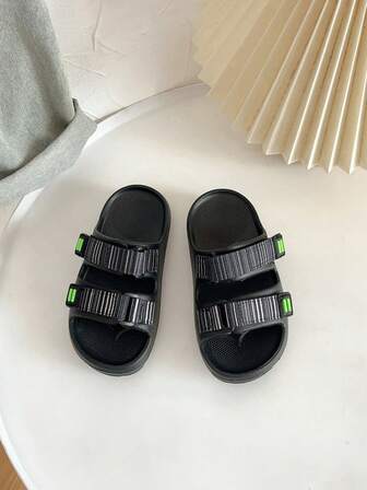 1 Pair Kids Black & White Striped Webbing EVA Non-Slip Mid-Large Children Flat Hook And Loop Fashion Slippers, Lightweight Anti-Slip, Indoor Casual Outdoor Beach Sandals