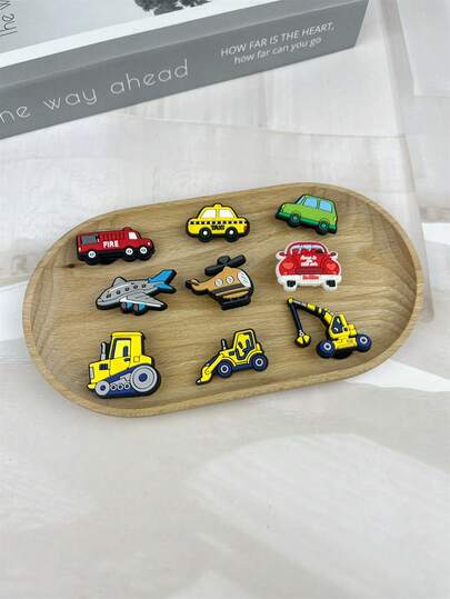 9pcs/Set Cute Transportation Vehicle Cartoon Pattern Accessories For Sandals, Bracelets, Slippers, Phone Decoration, Suitable For Couples, Birthday, Holiday Gifts