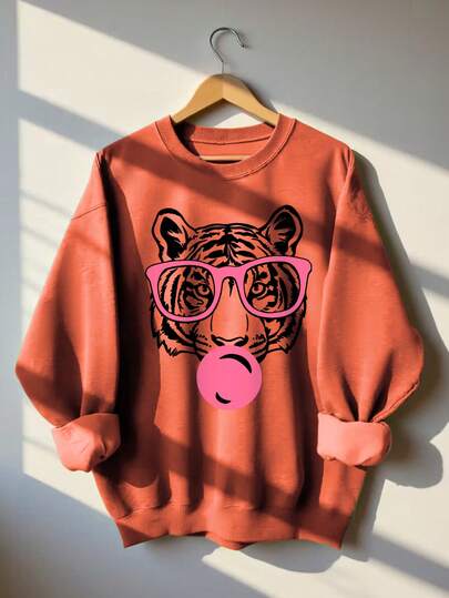 Women's Autumn Tiger Print Crew Neck Sweatshirt, Casual Loose Multifunctional Holiday Style Top, Suitable For Daily Wear, Autumn/Winter Fashion