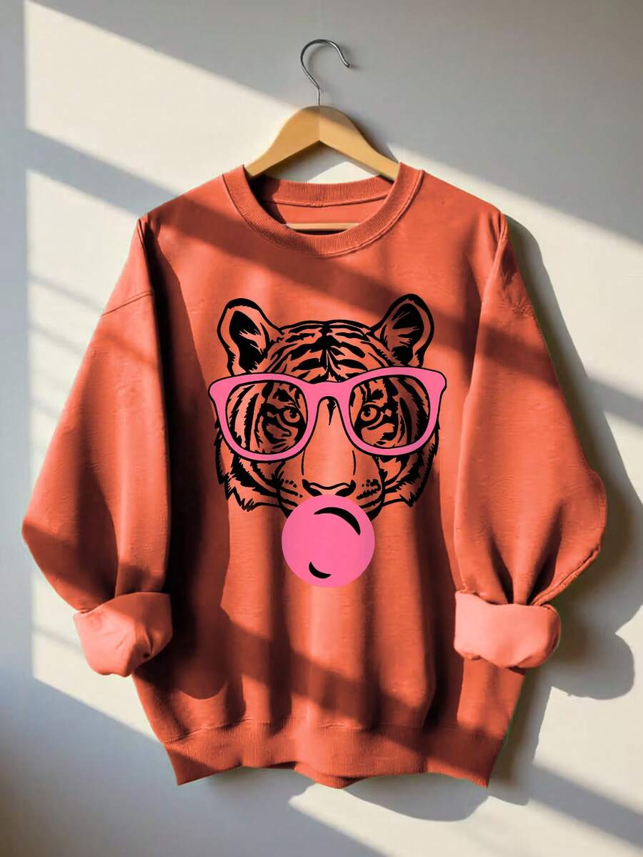 Women's Autumn Tiger Print Crew Neck Sweatshirt, Casual Loose Multifunctional Holiday Style Top, Suitable For Daily Wear, Autumn/Winter Fashion - Orange - View 1