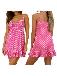 Women's Polka Dot Mini Dresses Summer Fashionable Sleeveless Spaghetti Strap Ruffle Hem Cami Dress - 粉色 - 查看 5