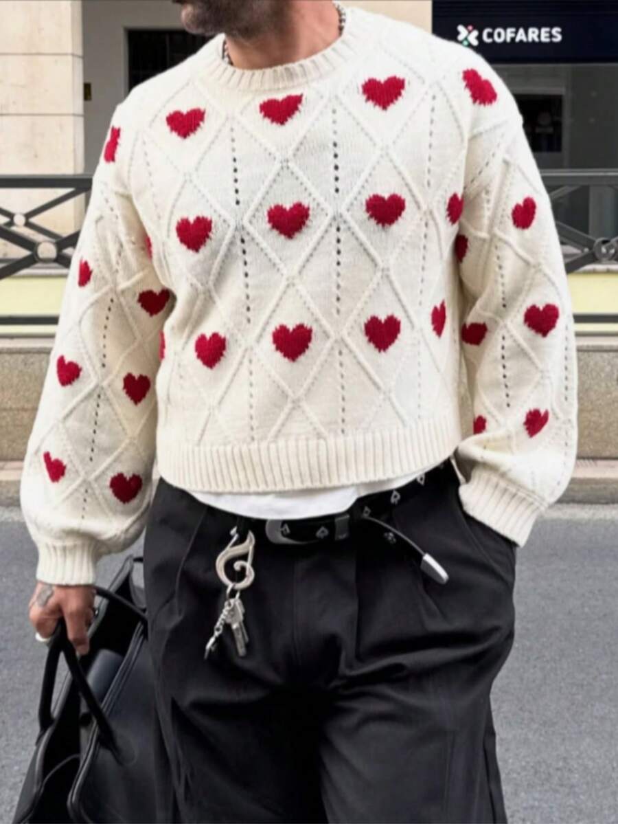 ANDREILEE 秋冬男士情人节情侣礼物，休闲宽松简约纯色菱格纹爱心印花复古韩版百搭通勤小众设计针织长袖圆领毛衣 - 米色 - 查看 1