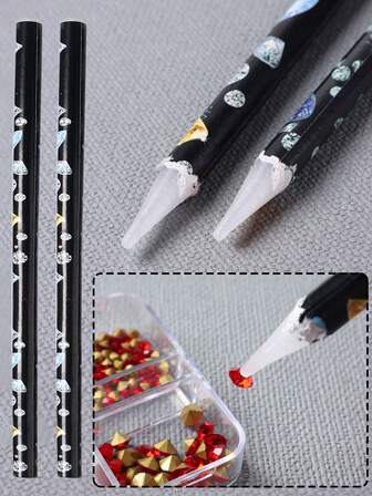 2pcs White Professional Nail Dotting Tools Bead Gems Studs Picker Nail Art Tools Wax Pen Rhinestone Pick Up Point Drill Pencil Stick