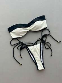 女士时尚抹胸比基尼套装，露背设计，侧系带泳裤，高弹面料 - 黑與白 - 查看 2