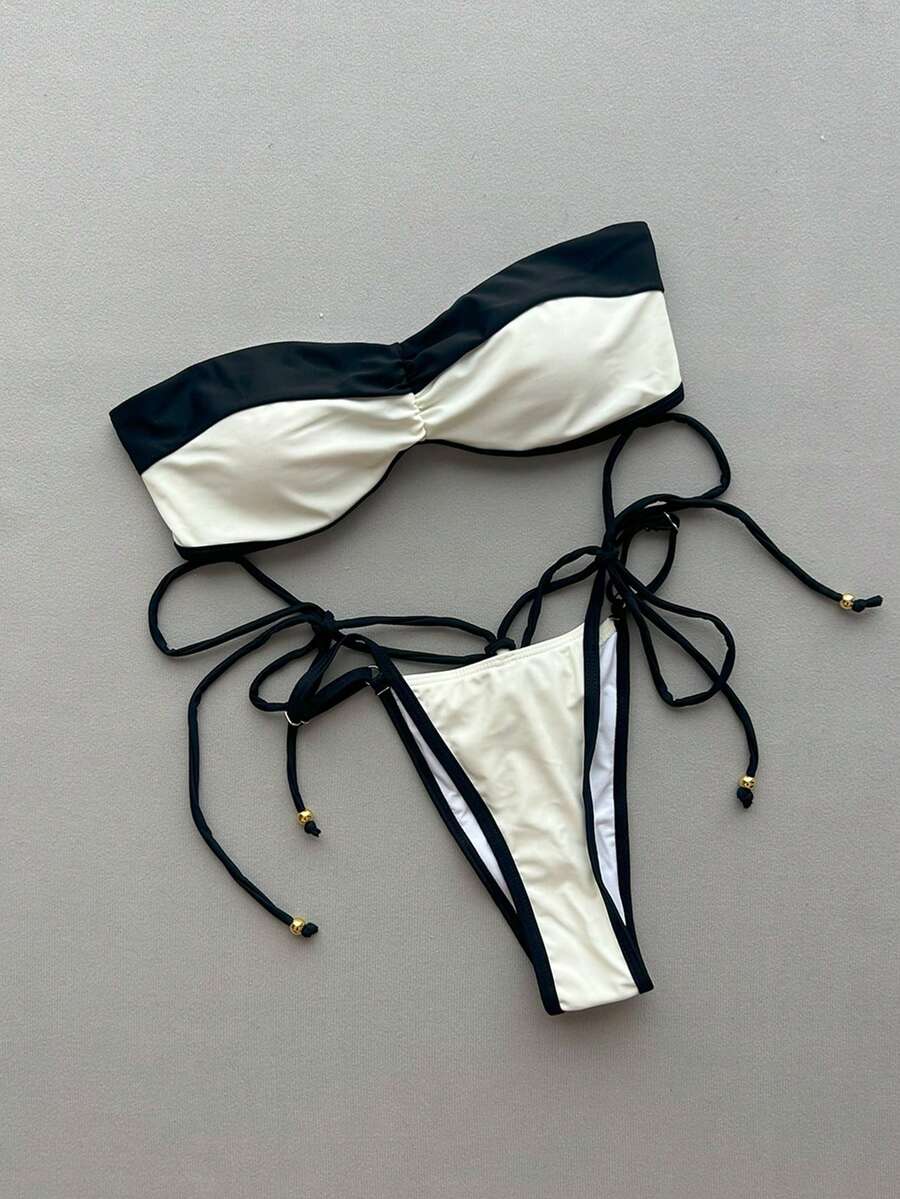 女士时尚抹胸比基尼套装，露背设计，侧系带泳裤，高弹面料