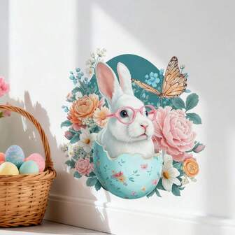 1 st charmiga vårblommiga väggklistermärken, med färgglada blommor, vita kaniner, fjärilar och blå ägg design väggklistermärken, för sovrum och vardagsrum bakgrundsvägg heminredning självhäftande avtagbara PVC väggklistermärken, påskäggsdesign, engångsbruk