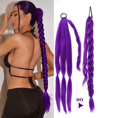 Synthetic Wigs Braided Purple Ponytail Extensions Long Black Rubber Band Hairpiece Pony Tail With Hair Tie For Women High Temperature Fiber Suitable For Women's Daily Wear And Gatherings