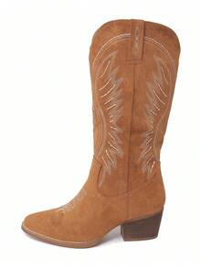Women Western Cowboy Boots – Embroidered Mid-Calf Chunky Heel Cowgirl Boots With Side Zipper Stylish Comfortable Suede Fall/Winter Boots For Country Concert, Rodeo, Nashville Trip, Festival & Daily Wear [Size Up Half Size] - 鏽棕色 - 查看 2