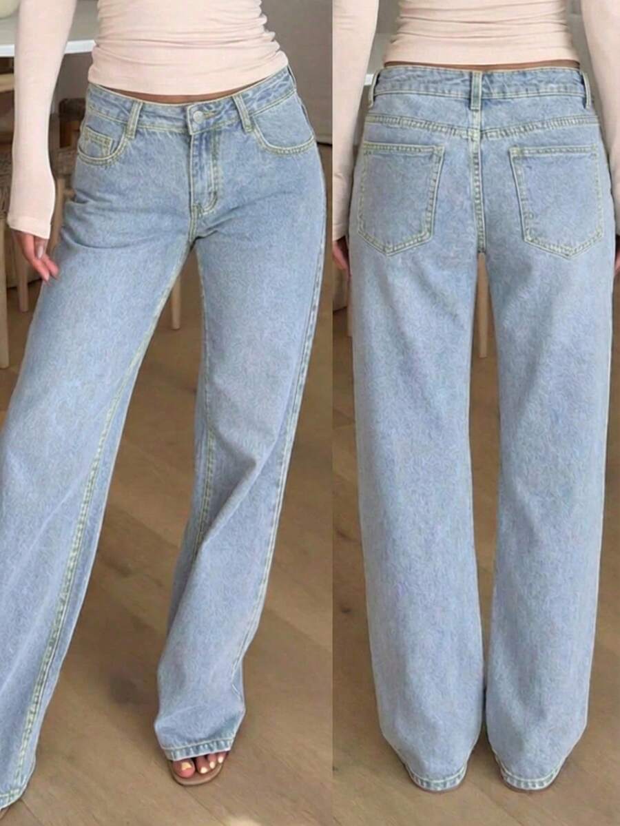 Women's Mid Rise Wide Leg Jeans Baggy Boyfriend Denim Pants Y2K 90s Vintage Style Loose Fit Trousers For Casual Streetwear - Rửa nhẹ - Xem 1