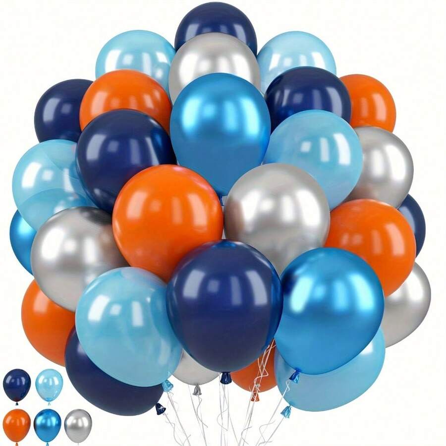 50-Pack Engagement Party Balloons - Metallic Silver, Navy Blue, Light Blue & Orange, Round Latex Balloons For Birthdays, Mother's Day, Graduation, Seasonal Celebrations, 14+ Years - Multicolor - View 1