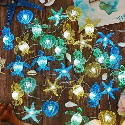 300厘米海洋主题串灯，海洋生物夜灯，沙滩装饰，海龟和海马装饰，电池供电，海马、贝壳、海星、沙钱造型灯串，适用于卧室、派对、室内/室外装饰、婚礼、家居、房间、墙面装饰