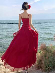 Spring/Summer Elegant Red Spaghetti Strap Dress French Chic Asymmetrical Ruffles Waist Slimming A-Line Dresses Suitable For Valentine's Day, Party & Wedding Guest - Red - View 3