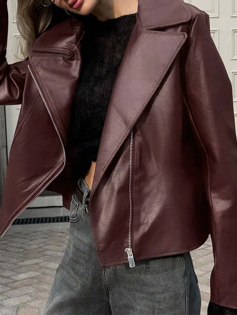Women's Casual Fashion Street Chic PU Leather Zip-Up Moto Jacket, Autumn - Burgundy - View 1