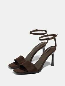 Giày sandal cao gót nữ, mũi vuông, gót nhọn, quai ngang mắt cá chân, thoáng khí, thích hợp cho mùa hè, đám cưới, tiệc tùng, màu nâu đậm. - nâu sẫm - Xem 4
