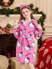 Sanrio Girls   Plush Warm Sleepwear, Casual Loose 2 Pieces Set, Suitable For Spring, Autumn And Winter