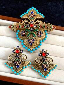 Bộ trâm cài và bông tai kiểu dáng cổ điển, làm thủ công, đính đá men dập nổi hình totem và giả ngọc lam, phù hợp cho phụ nữ mặc hàng ngày và dự tiệc. - Đầy màu sắc - Xem 8