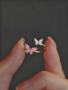 1pc Butterfly Micro-Inlaid Zirconia Stone Ring, Fashionable Adjustable Open Ring, Versatile For Women - Pink - View 4