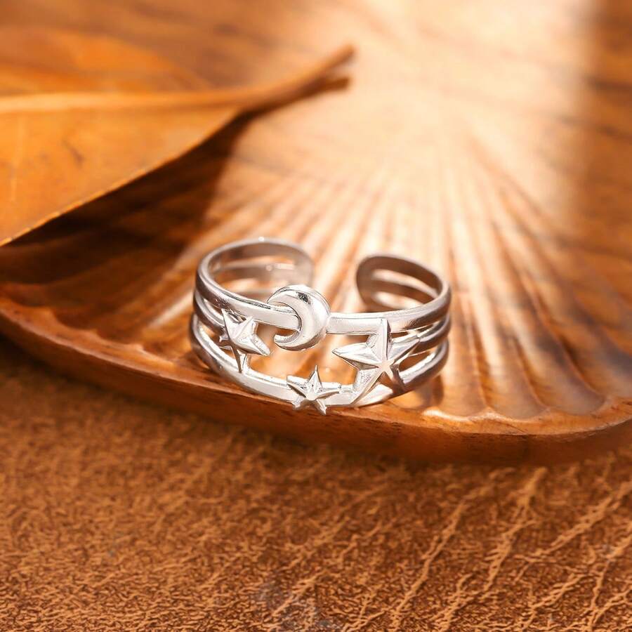 Pentagram Titanium Steel Ring Adjustable Star Moon Stainless Steel Ring Simple Open Index Finger Ring - J884-B [Màu thép] Một mảnh - Xem 1