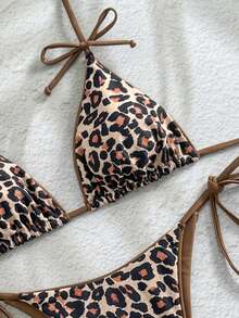 女士新款性感优雅沙滩度假比基尼套装，豹纹两件式露背泳衣，夏季度假 - 咖色 - 查看 5