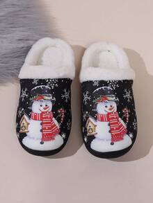 2双装女士雪人可爱布艺毛绒内衬抓绒家居拖鞋，冬季居家必备 - 黑色 - 查看 6