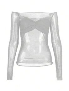 Y2K Stretchy See-Through Bow Bust Ruched Long Sleeve Off Shoulder Knitted Slim Fit Sweater T-Shirt Top - Grey - View 6