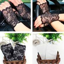 Black/White Flower Lace Gloves, Short Thin Breathable Fingerless Gloves, Summer Sunscreen Driving Gloves For Women - 黑色 - 查看 3