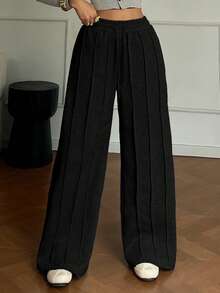 2026 Spring/Summer Women's Black Wide Leg Casual Sweatpants, Drawstring Waist, Side Pockets, Loose Fit - Black - View 7