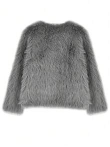 Women's New Faux Fur V-Neck Coat, Minimalist Furry Jacket, Autumn/Winter - Grey - View 10