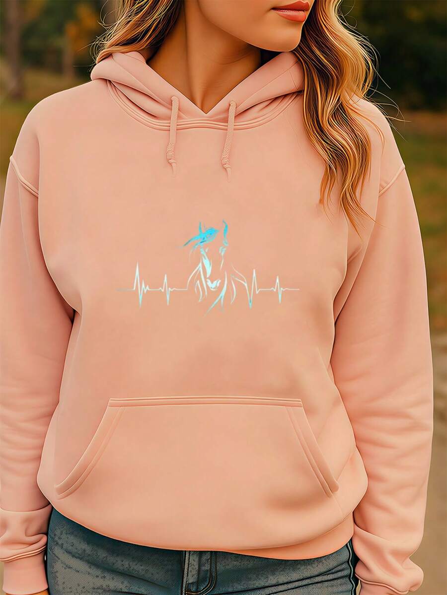 Horse Heartbeat Horse Lovers Pullover Hoodie For Men And Women - Stylish Hooded Sweatshirt With Pockets - Practical And Chic,Fall Hoodies,Men's Fall Clothes,Street Wear,Halloween,Mens Hoodies,Y2k Clothes,Jesus Hoodie,Thanksgiving Day,Nightmare Before Christmas,Christmas - 粉色 - 查看 1