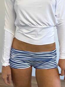 Womens Fold Over Yoga Shorts Dot/Stripe Low Rise Elastic Waist Y2k Lounge Shorts Foldover Cute Skinny Pajama Micro Bottoms Mini Shorts Sleepwear - 藍色 - 查看 3