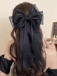 1个优雅蝴蝶结网纱发夹，华丽的春季发夹，适合日常佩戴和派对、上学、大学、蝴蝶结、可爱、优雅、冬季女装、发饰、头饰、爪夹 - 蝴蝶結-粉白色 - 查看 3