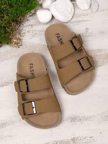 Summer New Kids Anti-Slip Soft Bottom Double Buckle Simple Fashion Flat Slippers Beach Sandals, Suitable For Beach Vacation - Brown - View 5