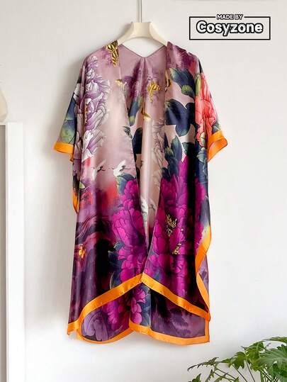 1pc Floral Print Chiffon Shawl Scarf, Long Lightweight Kimono Cardigan For Women, Suitable For Summer Beach, Sun Protection, Daily Wear