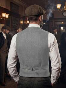 1pcs Men's Vintage Classic Herringbone Pattern Suit Vest V-Neck Casual Wool Blend Waistcoat For Men Business Casual And Formal Wear - Bạc - Xem 2