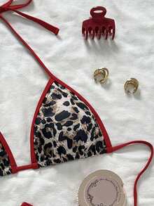 3 piezas Conjunto de bikini de mujer con estampado de leopardo y lazo rojo, traje de baño sexy con cuello de halter para playa, vacaciones y viajes - Rojo + estampado de leopardo - Ver 3